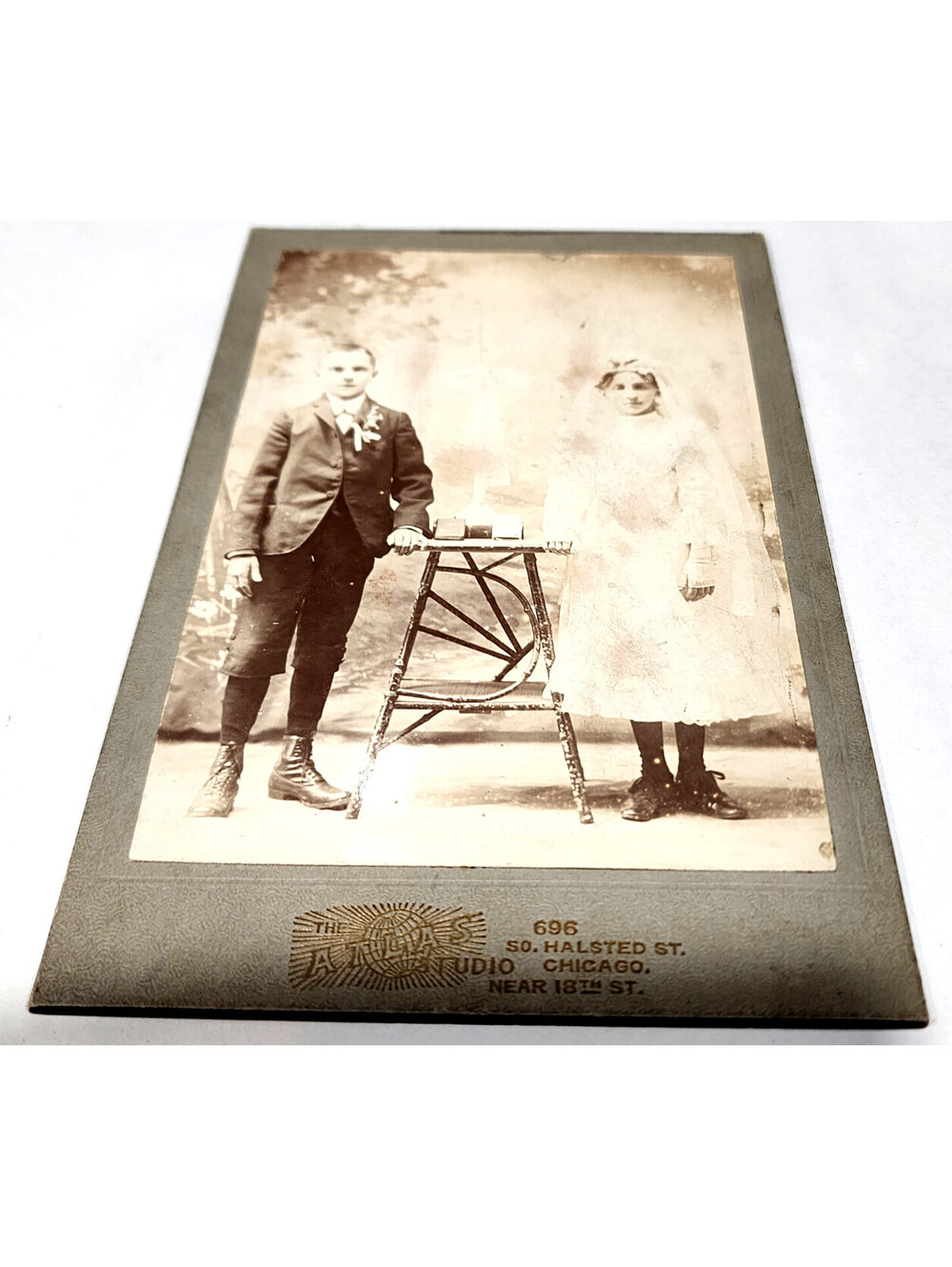 Antique 1900 Photo First Communion Catholic Veil Boy Girl Atlas Studio Chicago